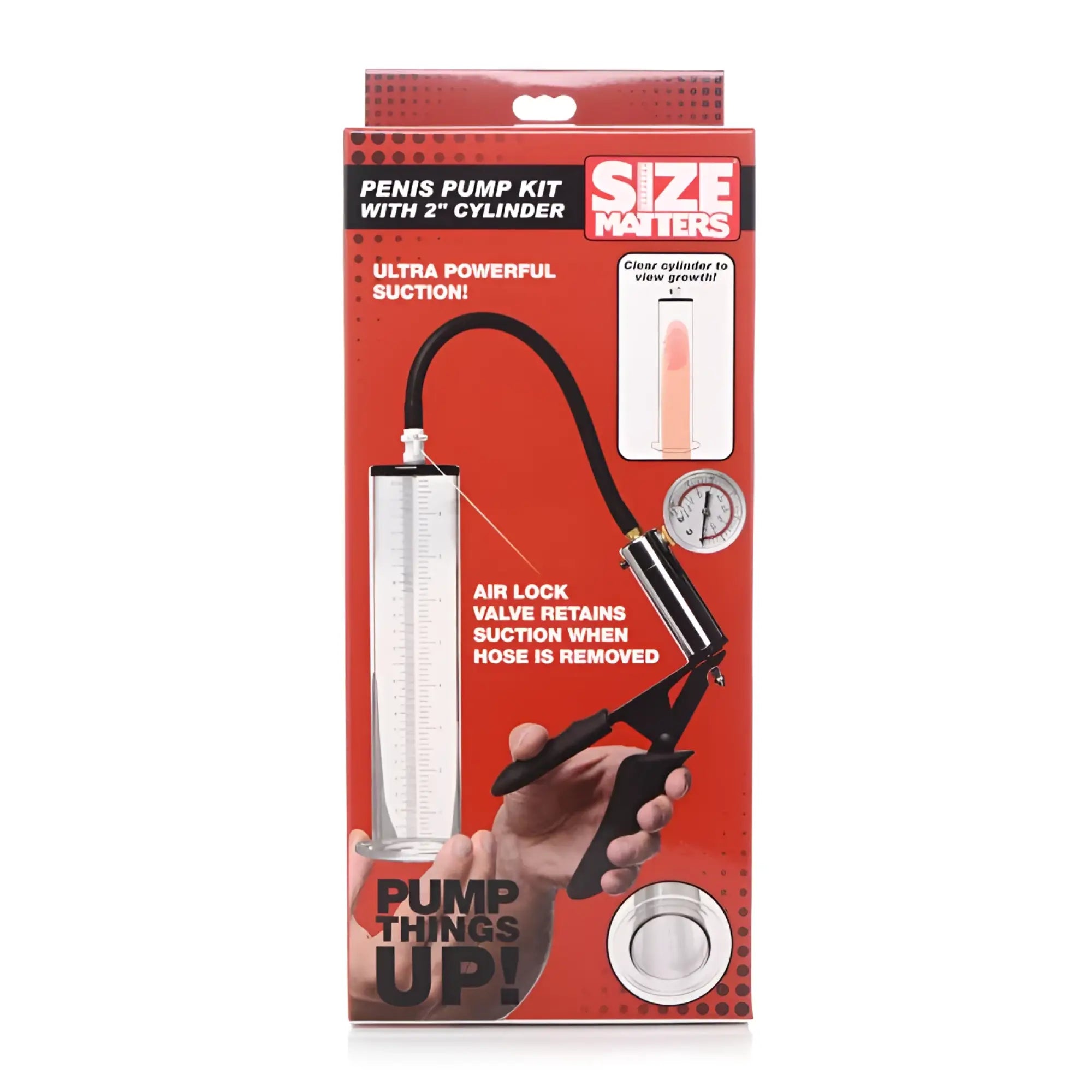 Size matters penis pump kit with a clear 2 inch cylinder black hose pressure gauge in red and black packaging