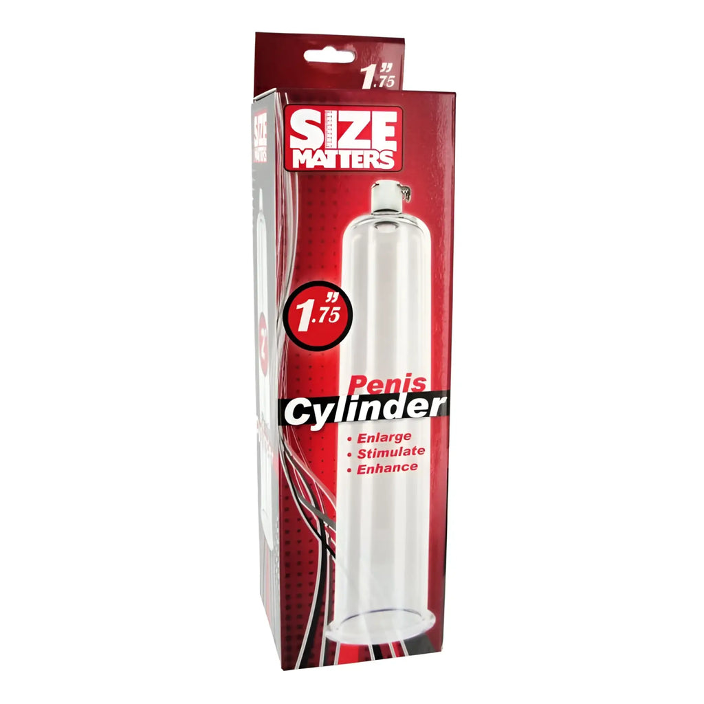 Size matters penis pumping cylinder 1.75in clear glass in red and black box labeled enlarge stimulate enhance