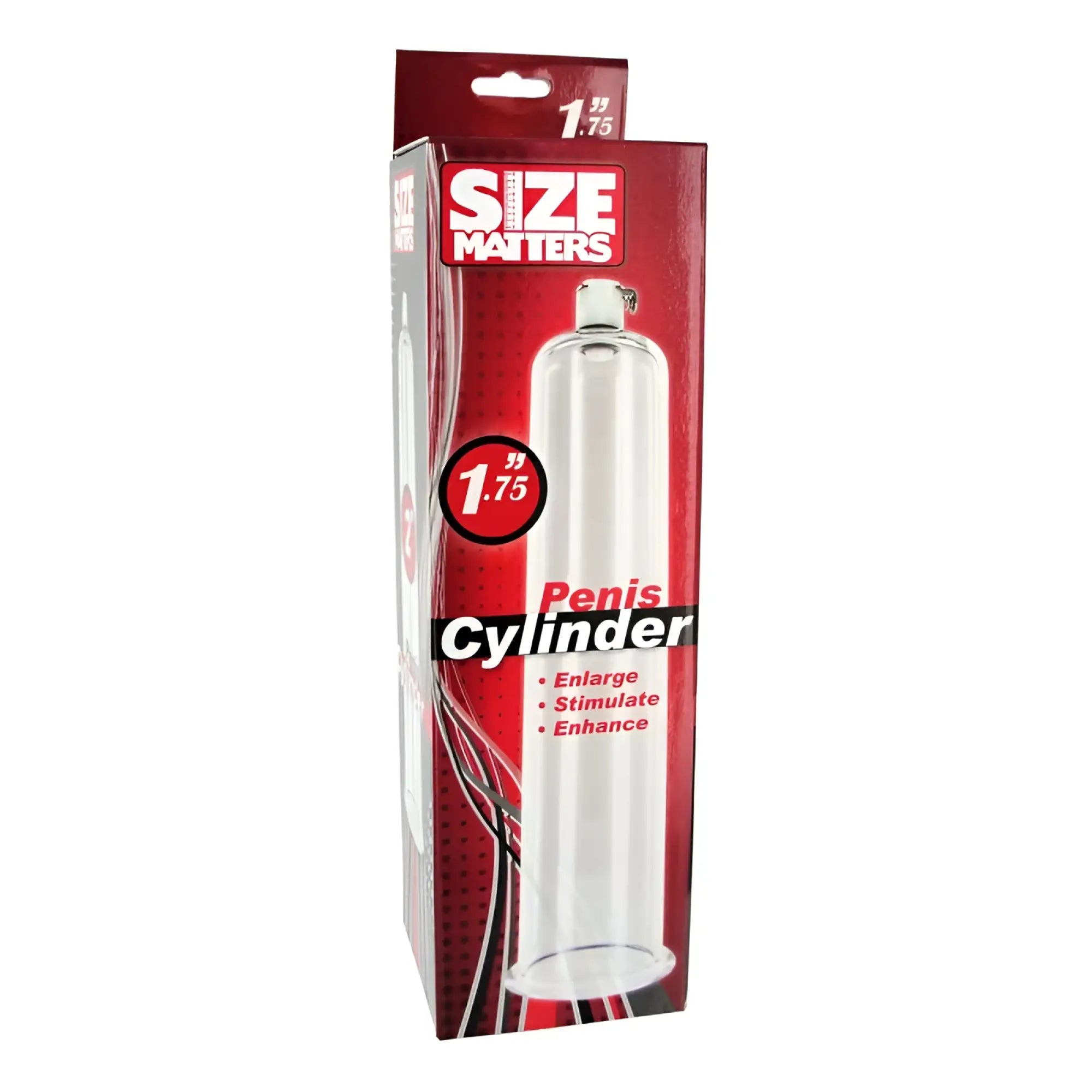 Size matters penis pumping cylinder 1.75in clear glass in red and black box labeled enlarge stimulate enhance