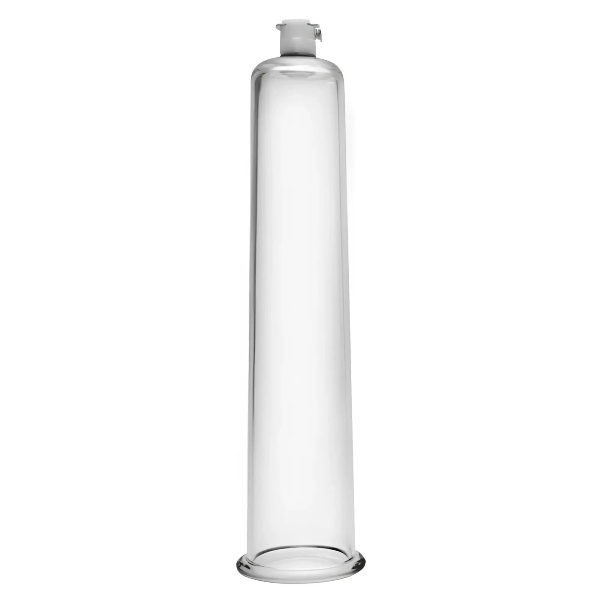 Clear glass penis pumping cylinder with metallic valve top and base size matters 1.75 inch diameter