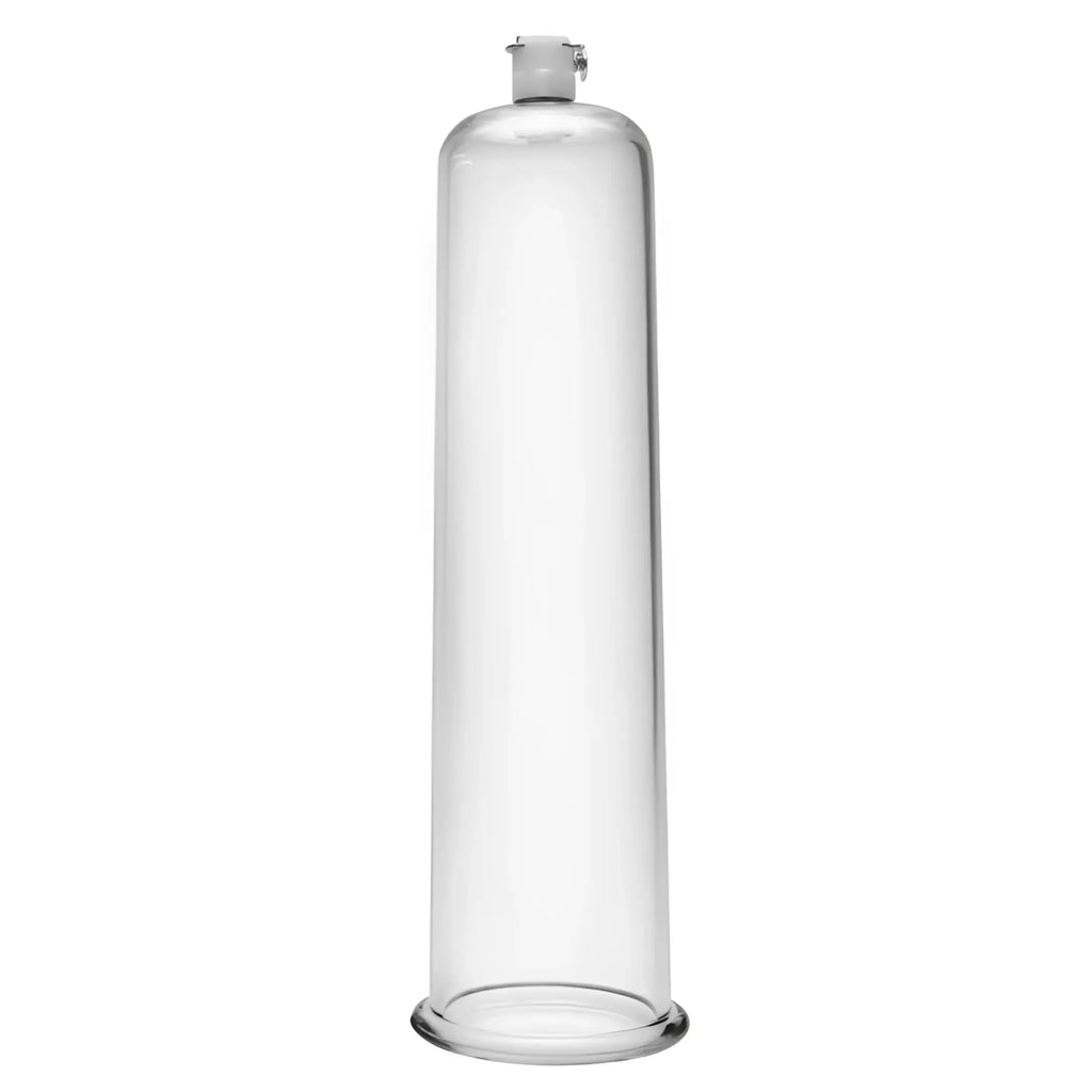 Clear glass size matters penis pumping cylinder 2.25in with white plastic valve at top and base
