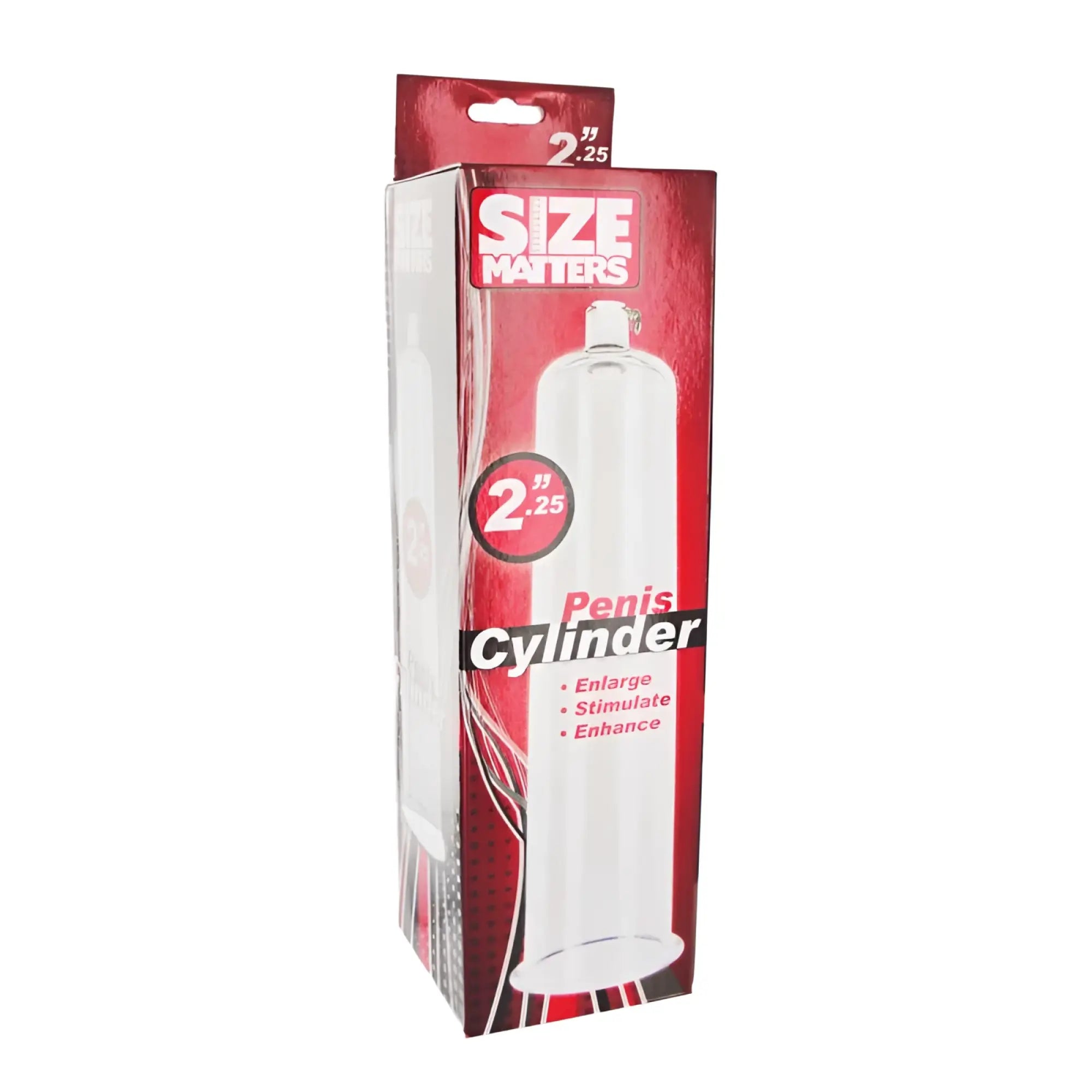 Transparent plastic penis pumping cylinder 2.25in in red and white size matters branded package