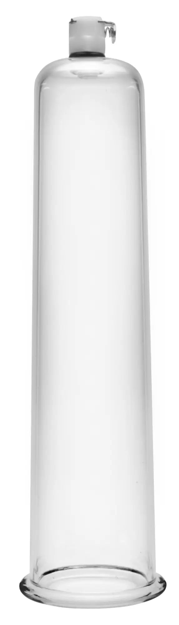 Clear glass suction cup with white plastic valve and base for size matters penis pumping cylinder 2in