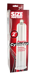 Clear plastic 2-inch penis pumping cylinder in red and black size matters packaging for male enhancement use