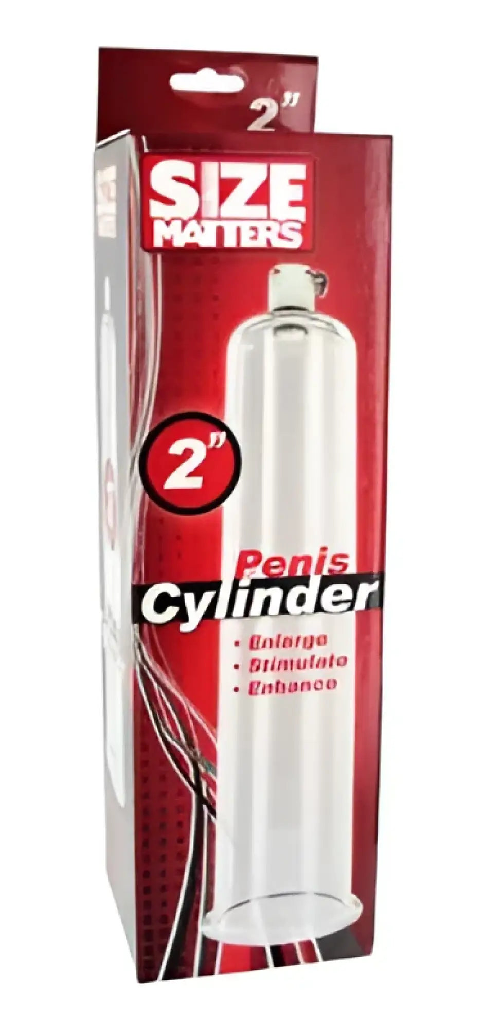 Clear plastic 2-inch penis pumping cylinder in red and black size matters packaging for male enhancement use