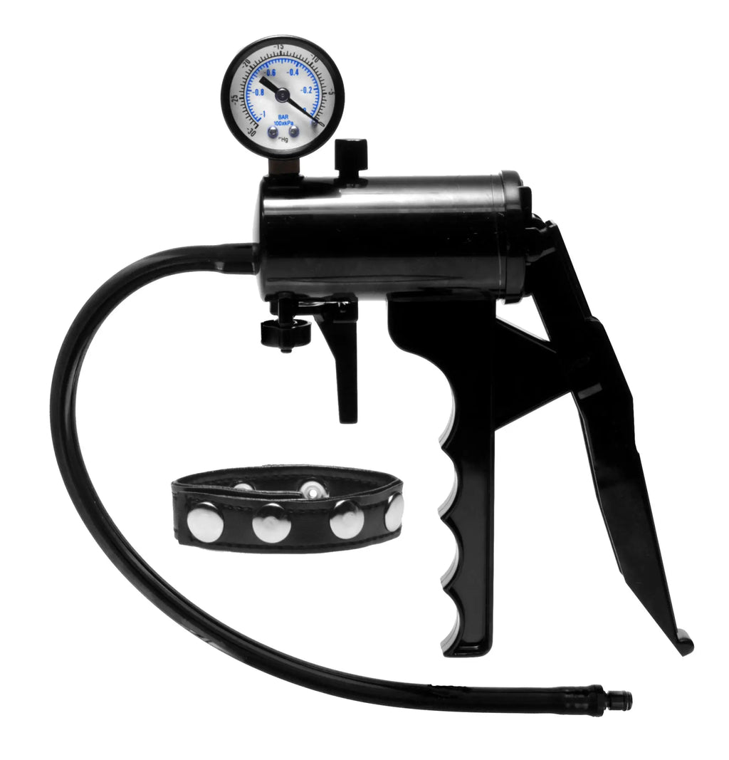 Size matters premium gauge pump black suction cup device with pressure gauge and attached leather cuff for measurement
