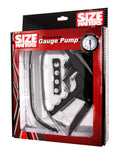 Size Matters Premium gauge pump in silver and black with pressure meter packaged in a red and black box