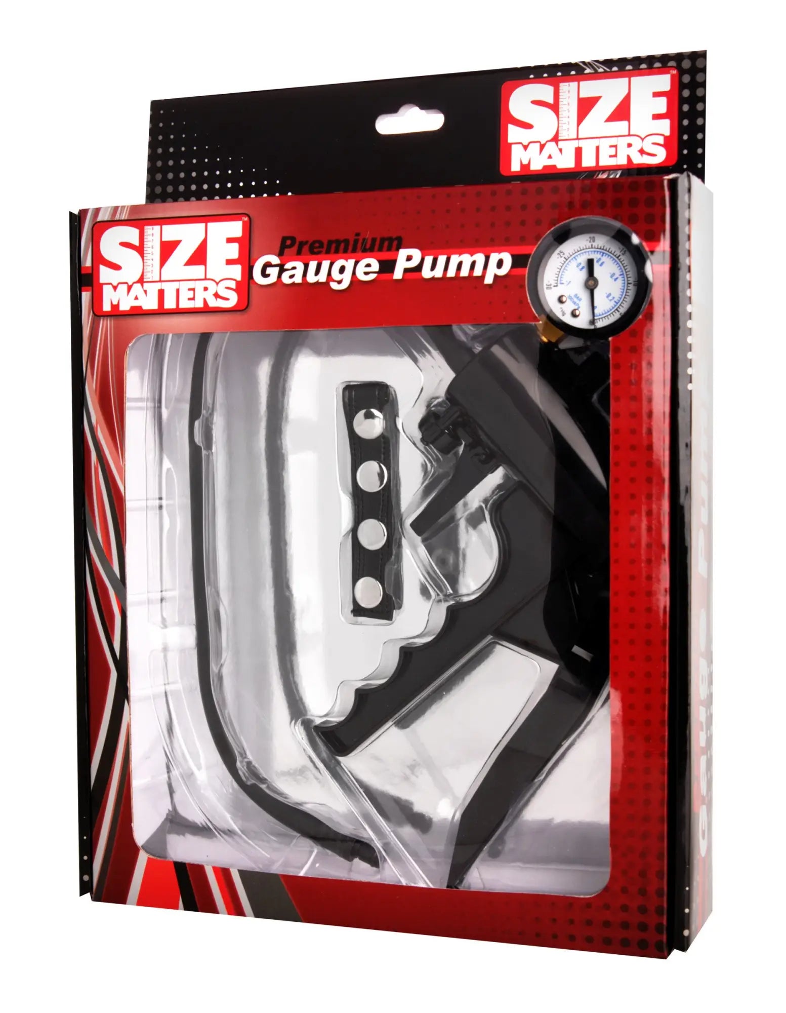 Size Matters Premium gauge pump in silver and black with pressure meter packaged in a red and black box