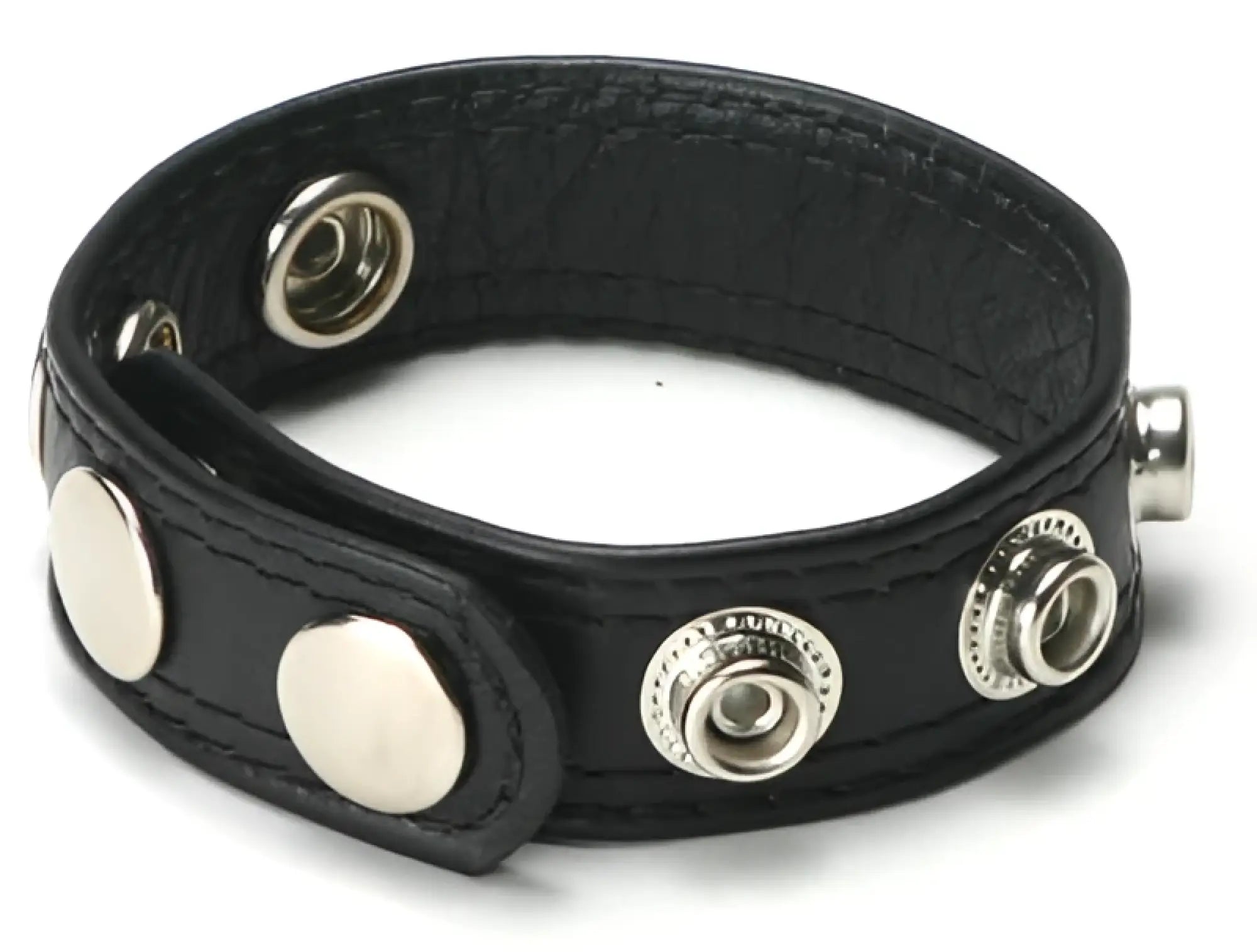 Black leather bracelet with silver-toned snap buttons and textured surface in size matters premium penis pumping kit advanced size