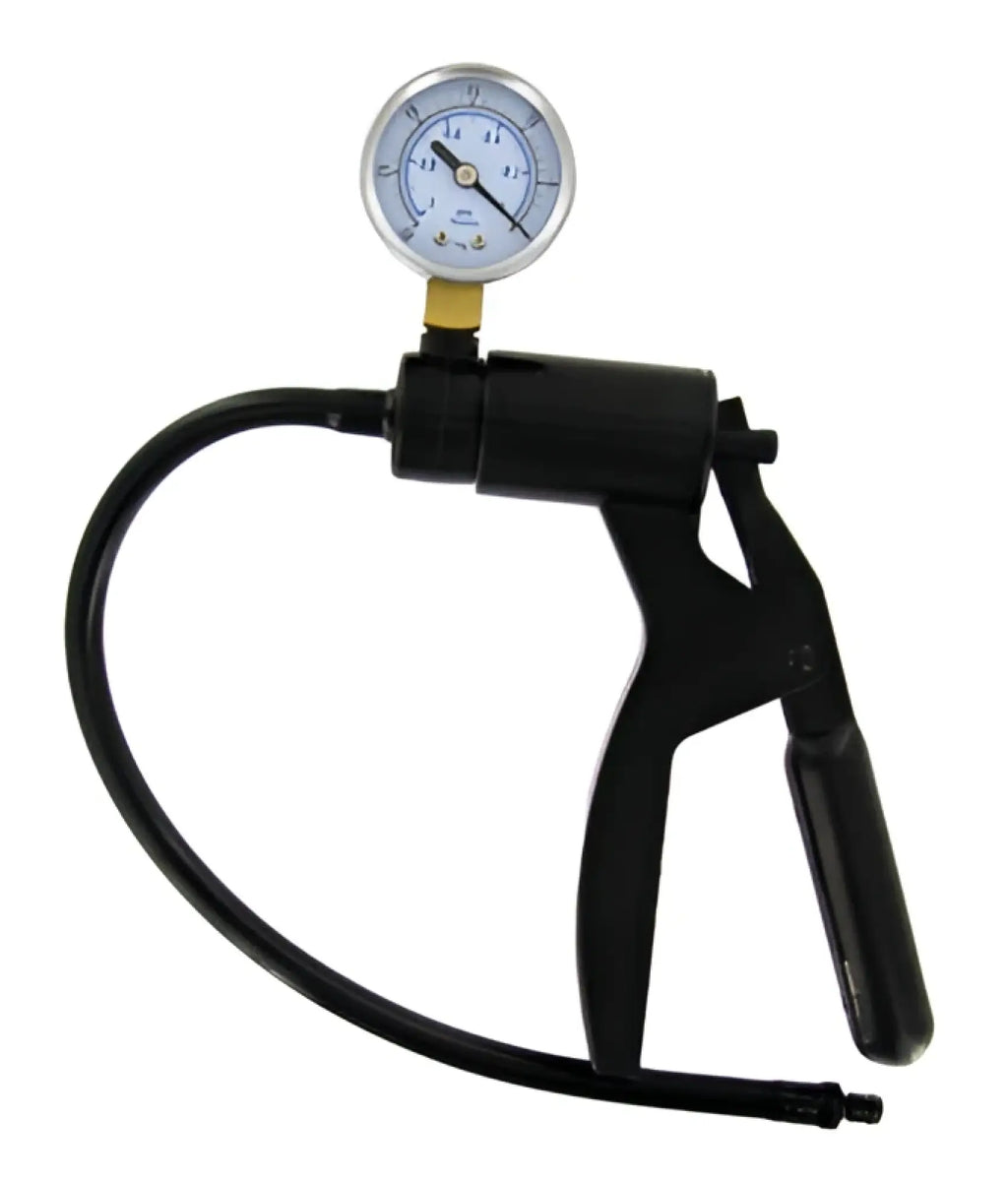 Black plastic suction pump with circular pressure gauge for size matters premium advanced penis pumping kit