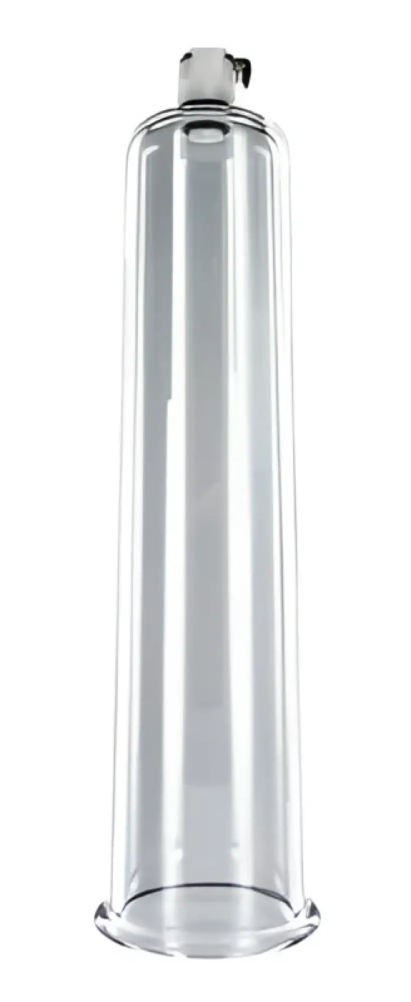Clear glass vacuum penis pump with metallic silver top cap from size matters premium penis pumping kit advanced size