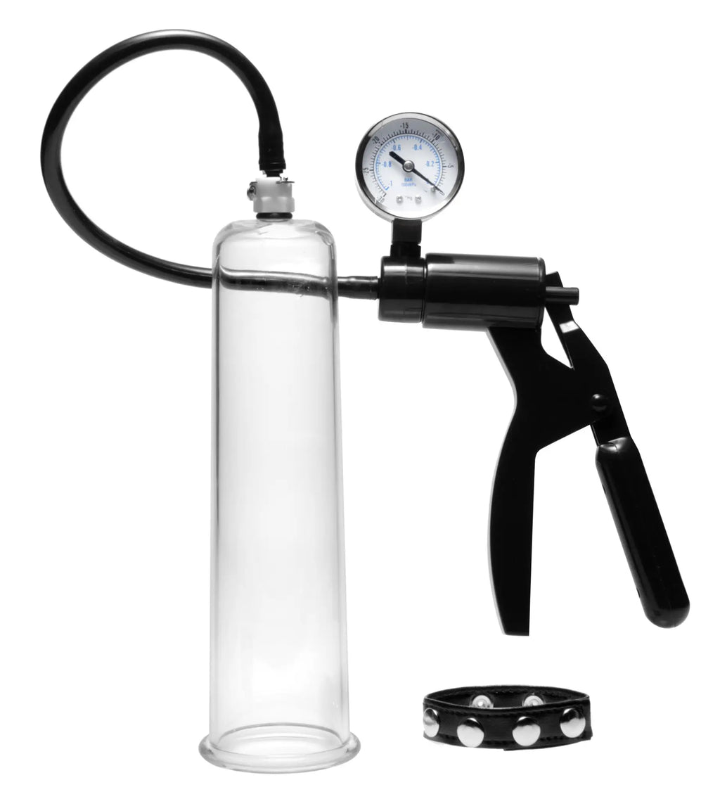 Clear glass penis pump with black handle gauge and studded black leather cuff from size matters premium kit