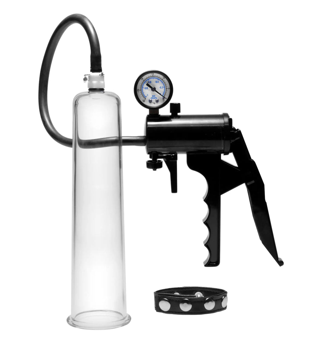 Black and clear glass vacuum pump with pressure gauge and studded leather cuff in size matters premium penis pumping kit