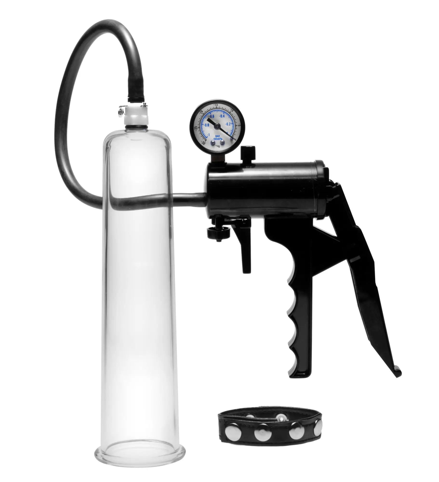 Black and clear glass vacuum pump with pressure gauge and studded leather cuff in size matters premium penis pumping kit