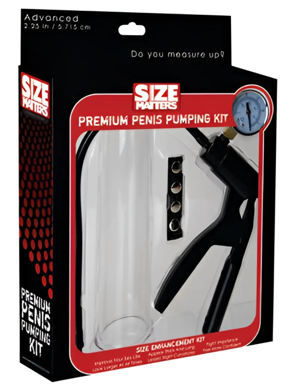 Size matters premium penis pumping kit intermediate size with black and clear plastic and built-in pressure gauge