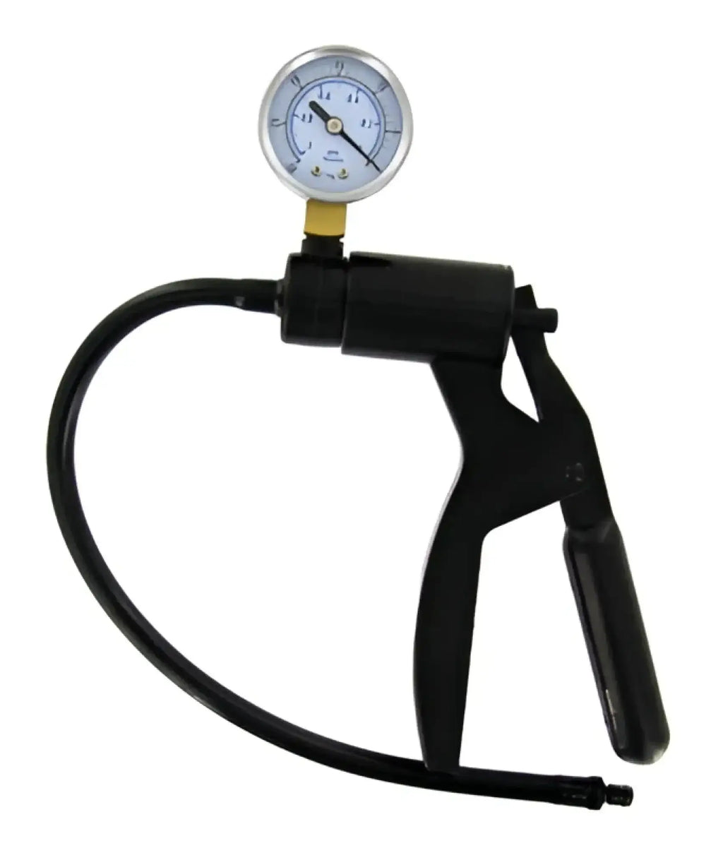 Black plastic suction pump with circular pressure gauge for size matters premium penis pumping kit intermediate size