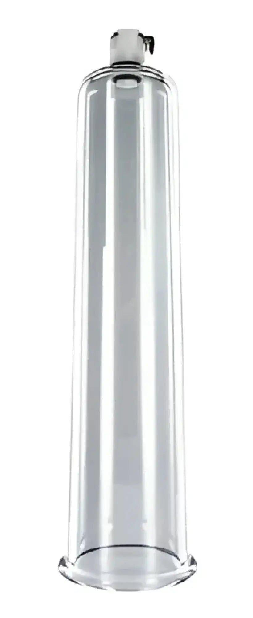 Clear glass vacuum penis pump with metallic silver top cap from size matters premium kit intermediate size