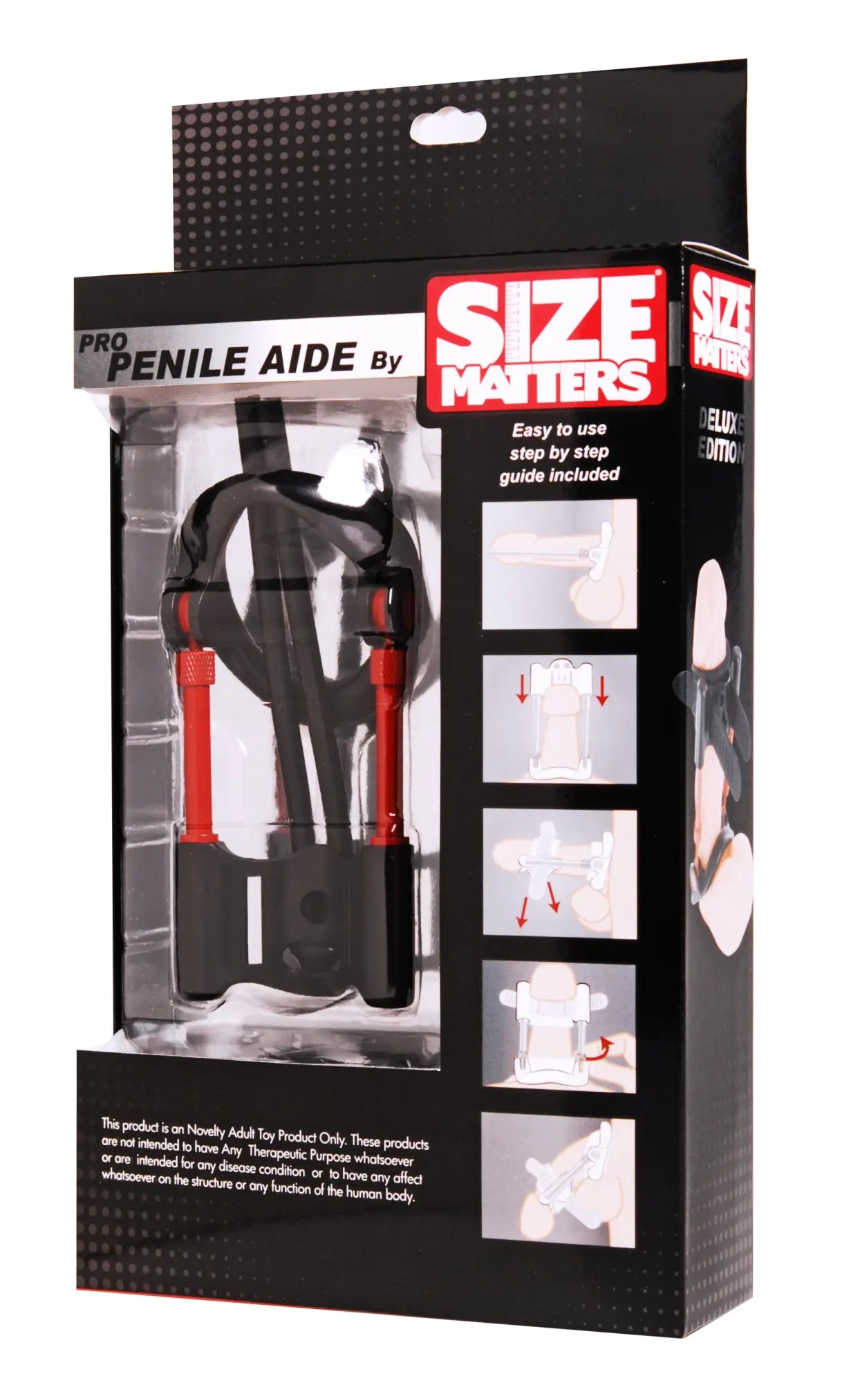 Black and red plastic penile aide device in packaging for size matters pro penile aide enhancing performance