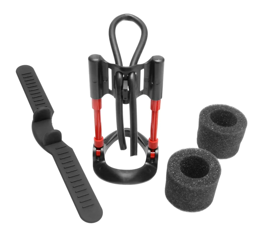 Black and red plastic bike bottle cage with foam inserts shown from the back for size matters pro penile aide