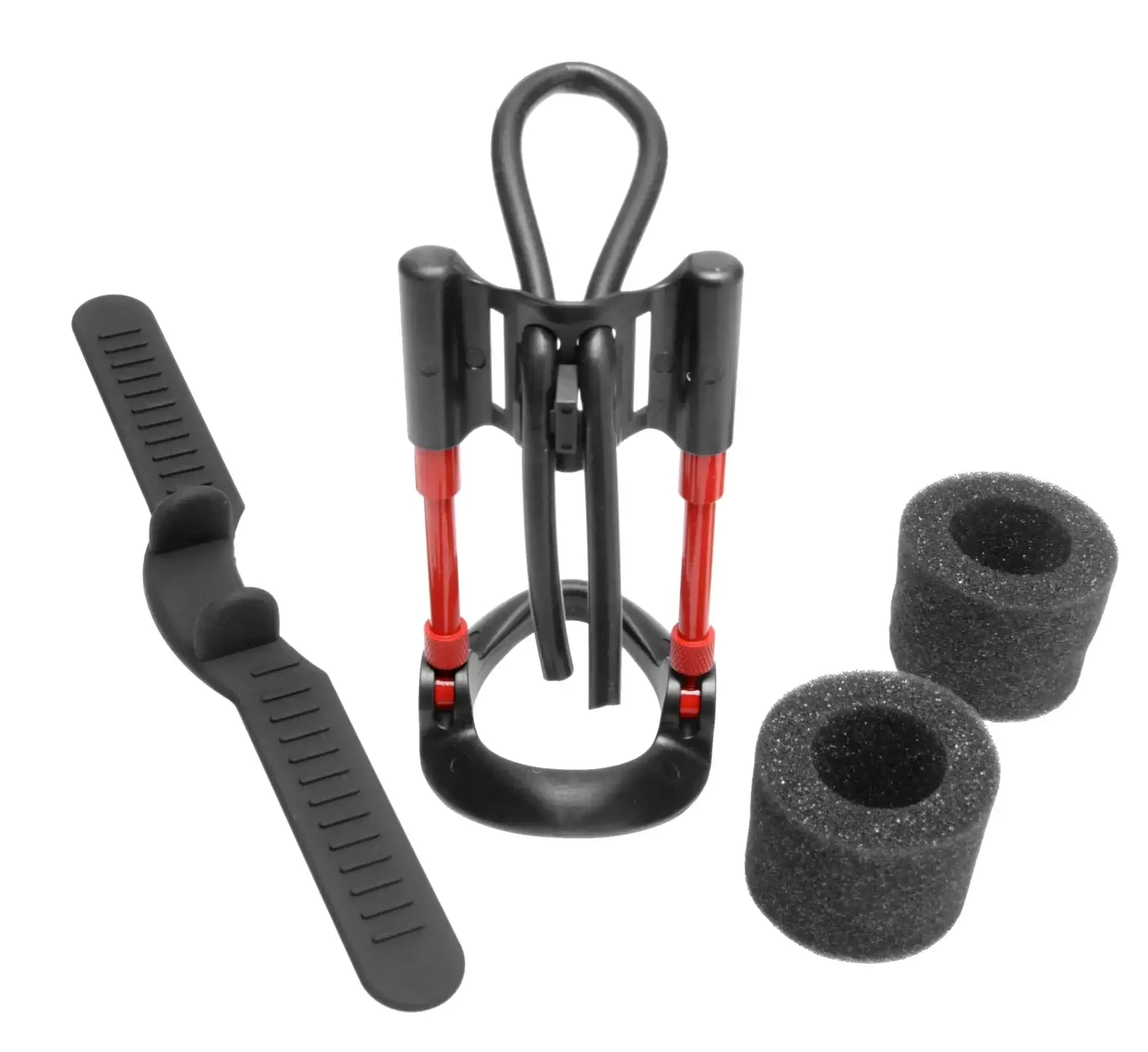 Black and red plastic bike bottle cage with foam inserts shown from the back for size matters pro penile aide