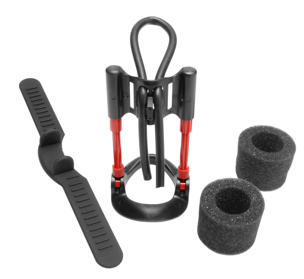 Black and red plastic bike bottle cage with foam inserts shown from the back for size matters pro penile aide