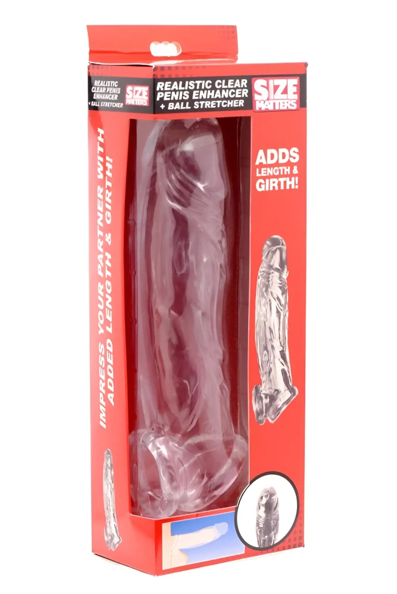 Clear plastic realistic penis enhancer with ball stretcher in red packaging from size matters product line