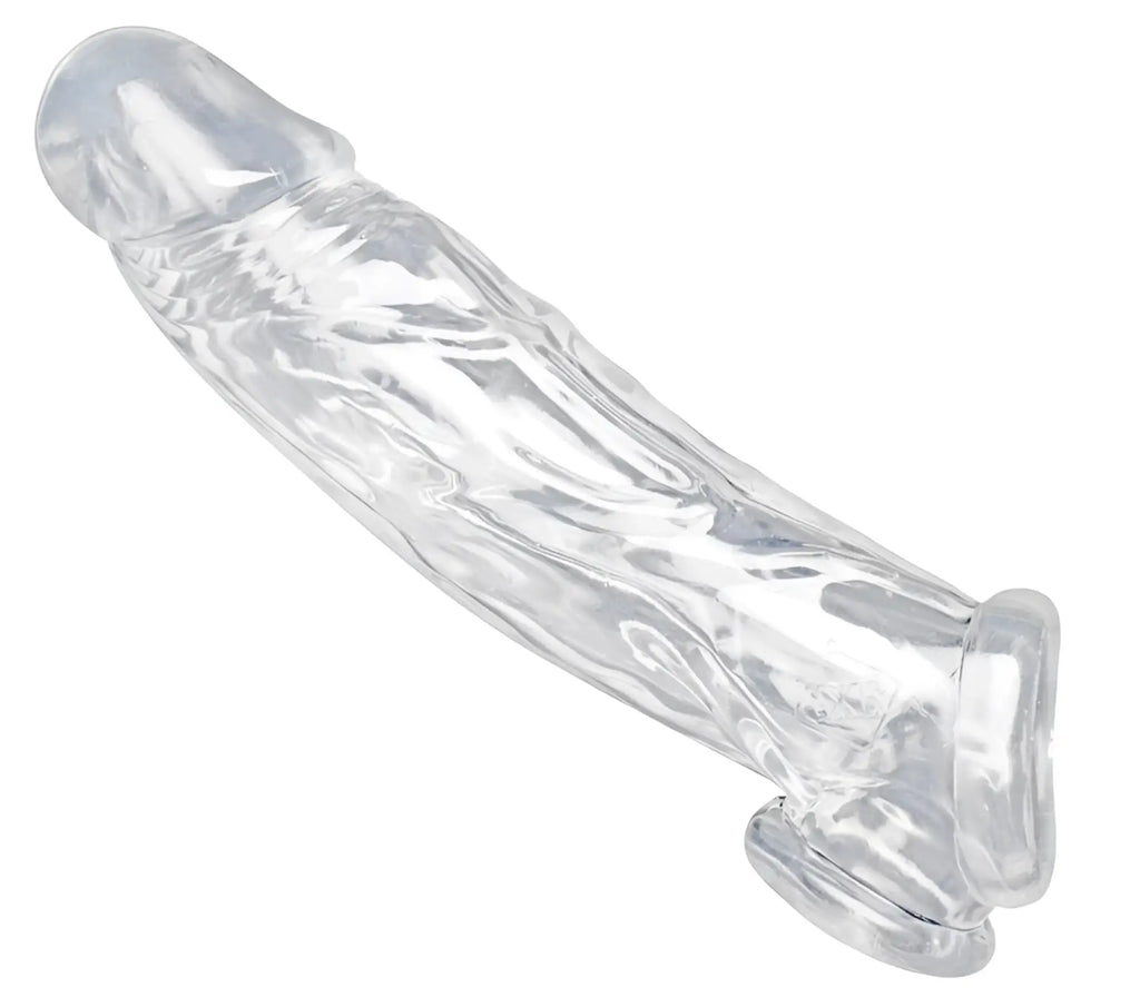 Clear transparent silicone condom with textured surface and reinforced base ring in size matters realistic clear penis enhancer