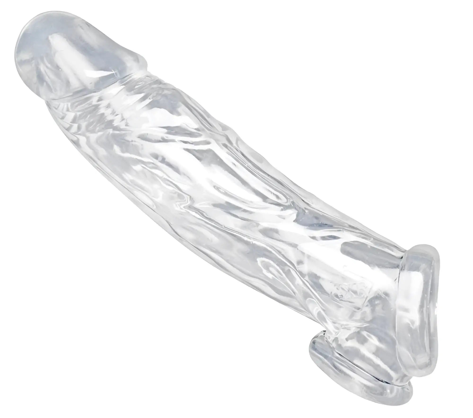 Clear transparent silicone condom with textured surface and reinforced base ring in size matters realistic clear penis enhancer