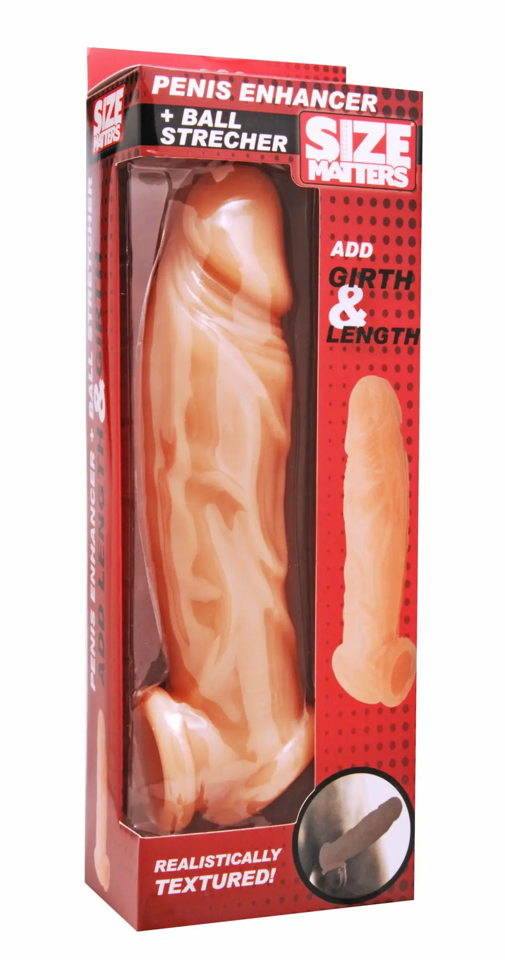 Size matters realistic flesh penis enhancer and ball stretcher in peach color with realistic texture in red packaging