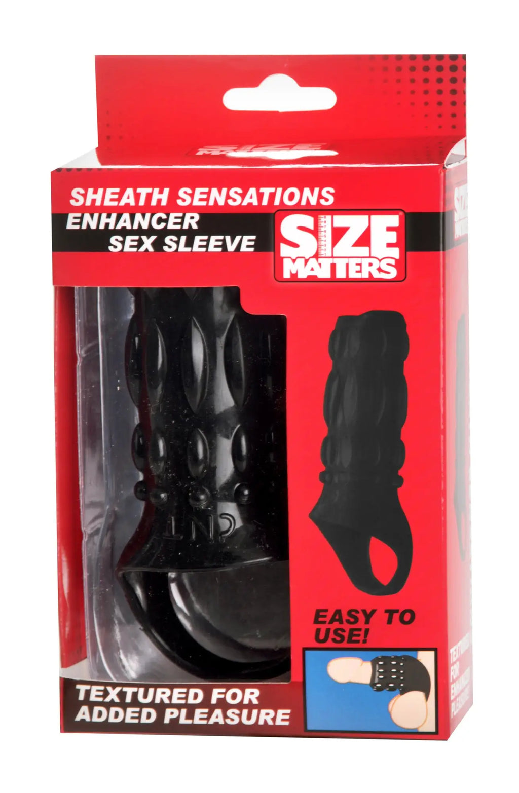 Black textured silicone Size Matters sheath sensations enhancer sex sleeve in red and black packaging for intimate use