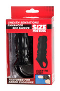 Black textured silicone Size Matters sheath sensations enhancer sex sleeve in red and black packaging for intimate use