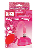 Pink plastic vaginal pump with red bulb and flexible hose from size matters vaginal pump and cup set