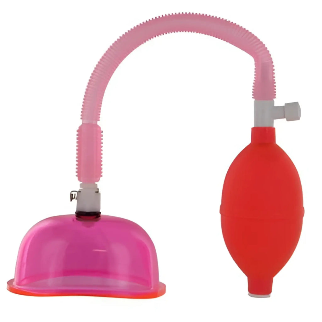 Pink plastic vaginal pump and suction cup set with flexible tube and red bulb pump for size enhancement