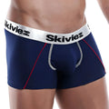 Navy blue Skiviez SZG017 boxer trunk with white elastic waistband black branding and red stitching accents