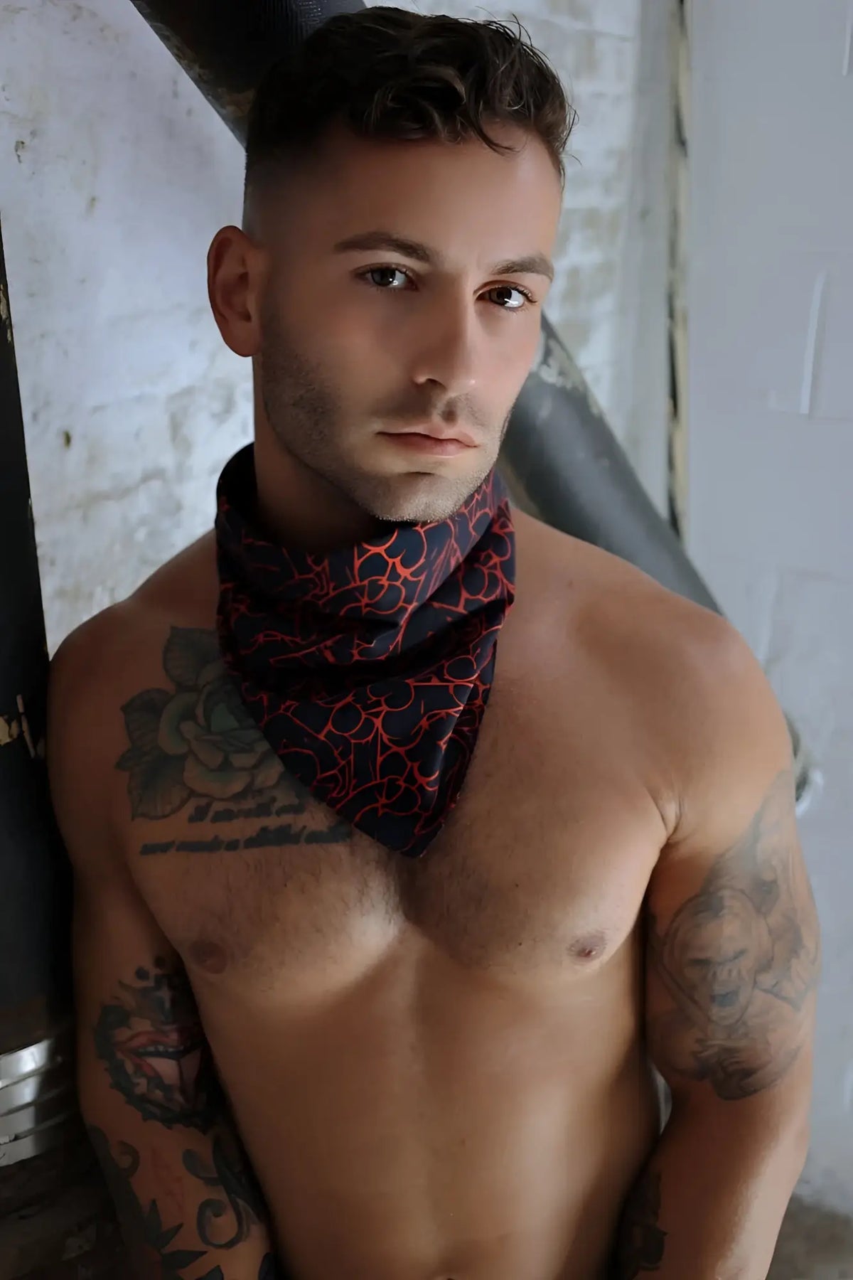 Black and red patterned cotton bandana worn around the neck slay-kerchief greedy style accessory