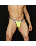 Neon blue bikini underwear by Arroyman featuring a contrasting blue waistband and minimal coverage design worn by a model.