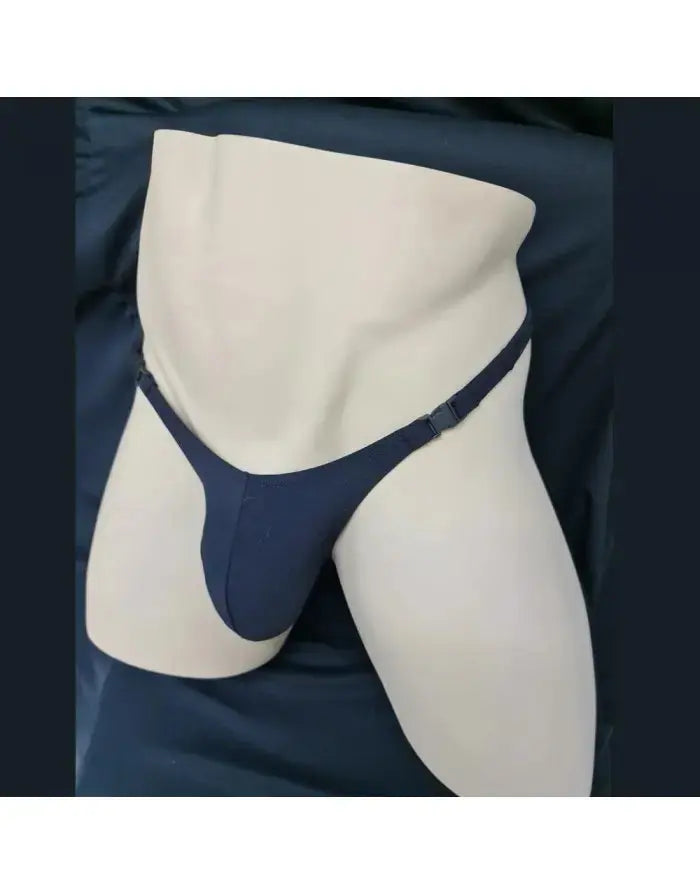 Navy blue thong underwear by Arroyman featuring a buckle detail and adjustable straps displayed on a mannequin.