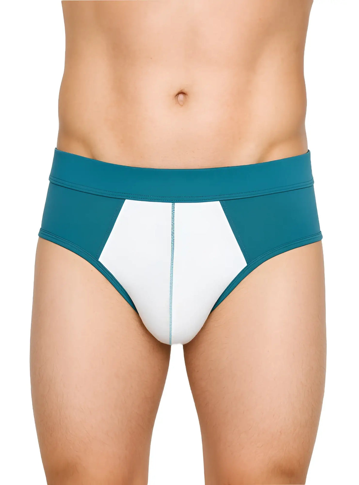 Teal and white soft stretch contrast brief athletic briefs with geometric panel design for active wear
