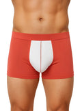 Red and white soft stretch contrast trunk boxer briefs with a central white panel and subtle stitching detail