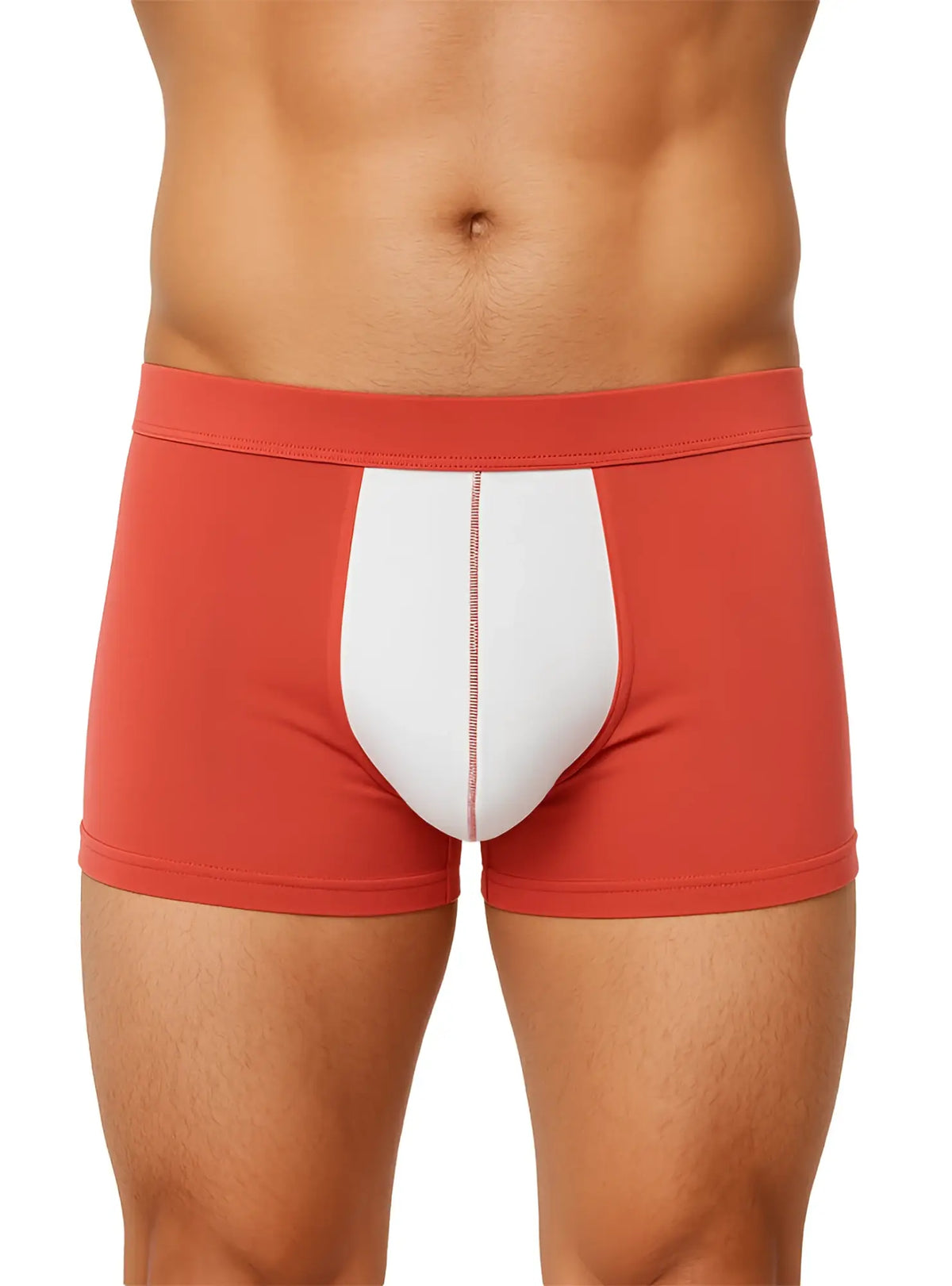 Red and white soft stretch contrast trunk boxer briefs with a central white panel and subtle stitching detail