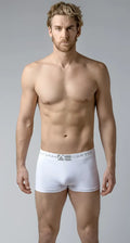 White menâs boxer briefs softest short trunks with gray elastic waistband featuring adam smith logo