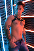 Black leather Soundwave Bulldog harness with metallic rings and studs designed for secure pet control
