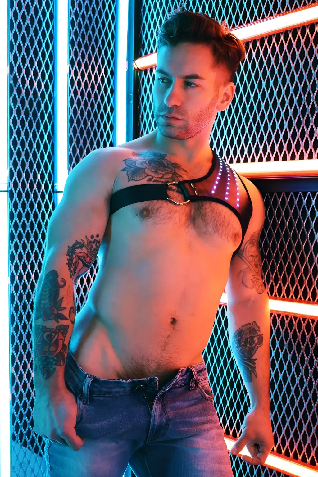 Black leather Soundwave Synergy Harness with glowing LED lights showing front side design and details