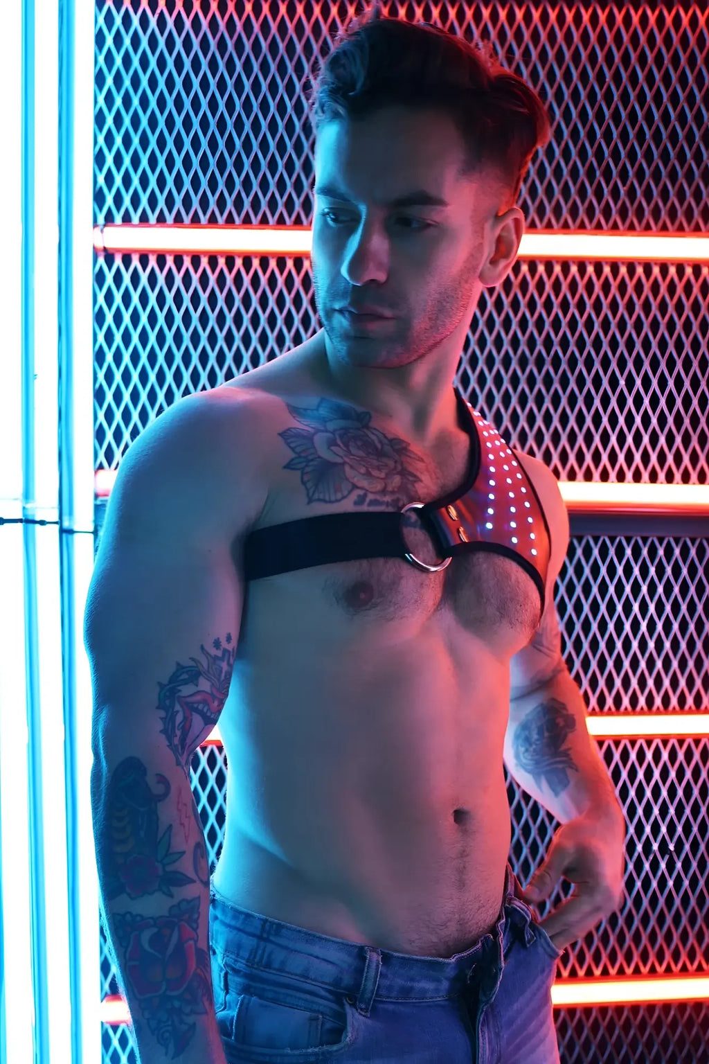 Black leather Soundwave Synergy harness with silver studs and central metal ring for edgy fashion looks