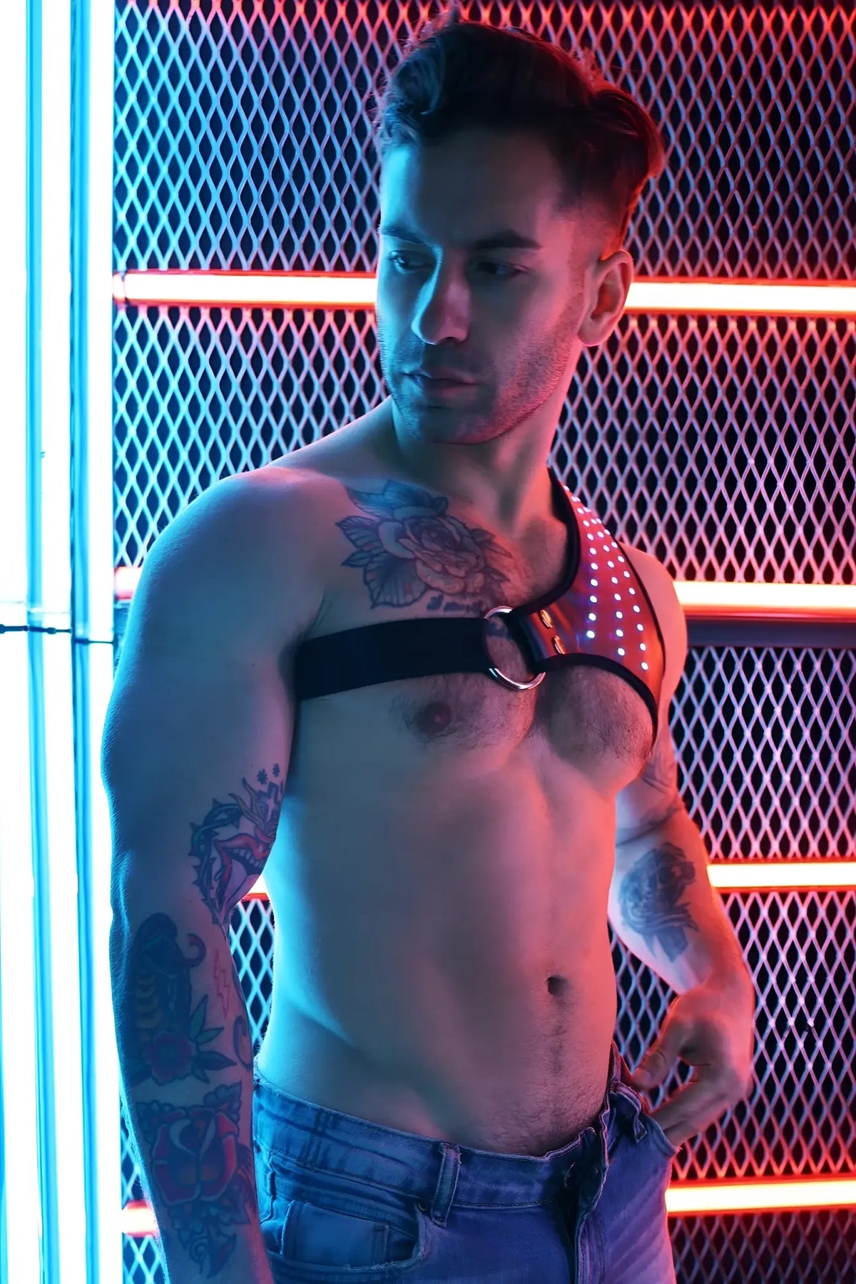 Black leather Soundwave Synergy harness with silver studs and central metal ring for edgy fashion looks