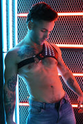 Black leather soundwave synergy harness with silver metal hardware and embedded led lights