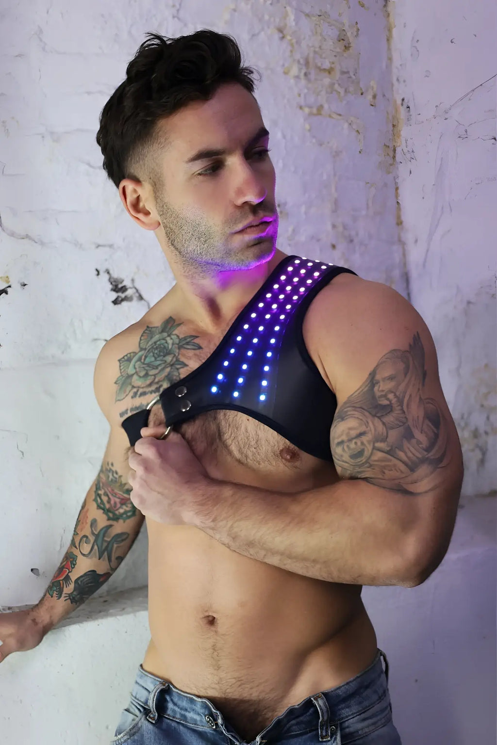 Soundwave synergy harness black led-lit with purple glowing lights across shoulder and chest areas