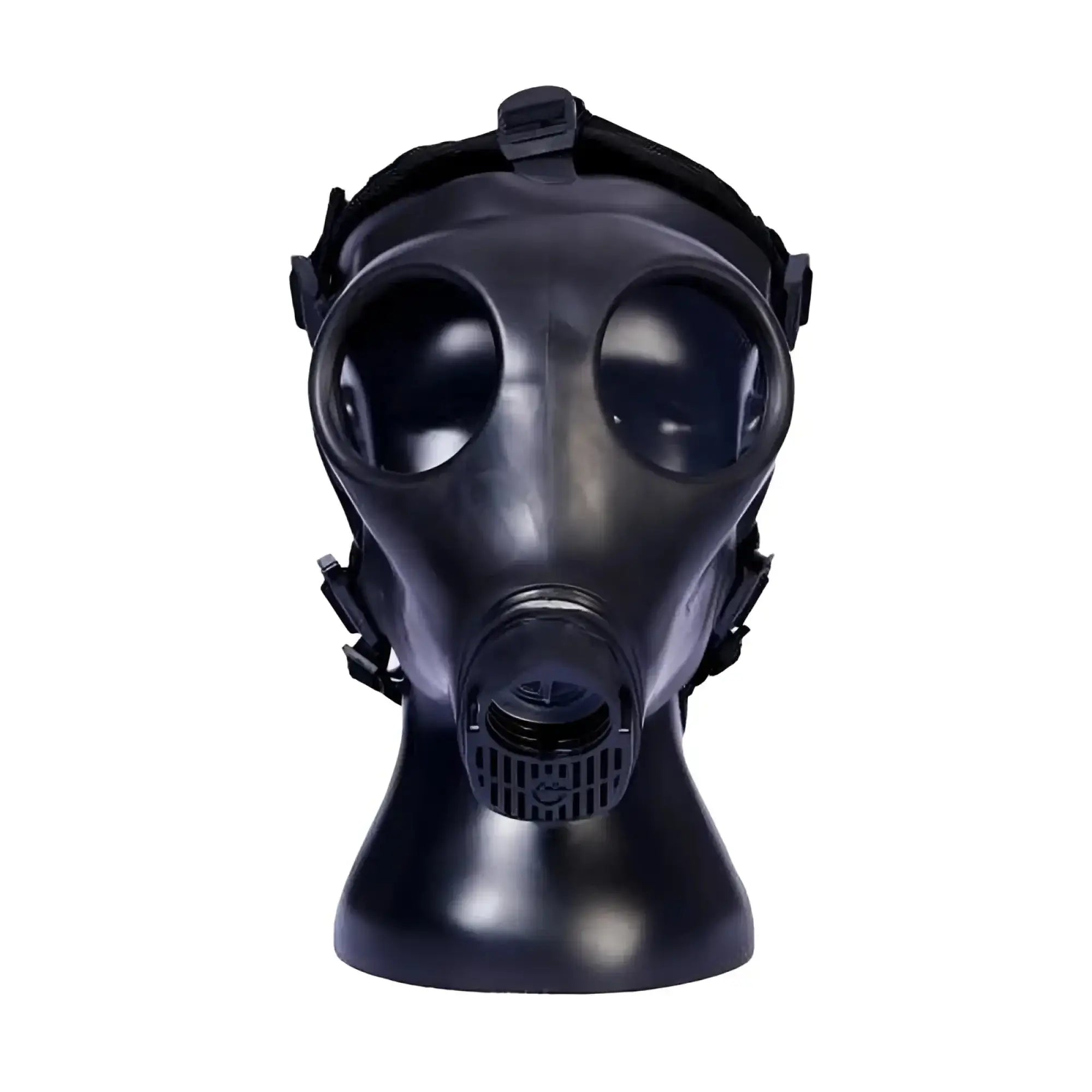Black rubber sport fucker gas mask with adjustable straps large circular eye openings and central filter housing