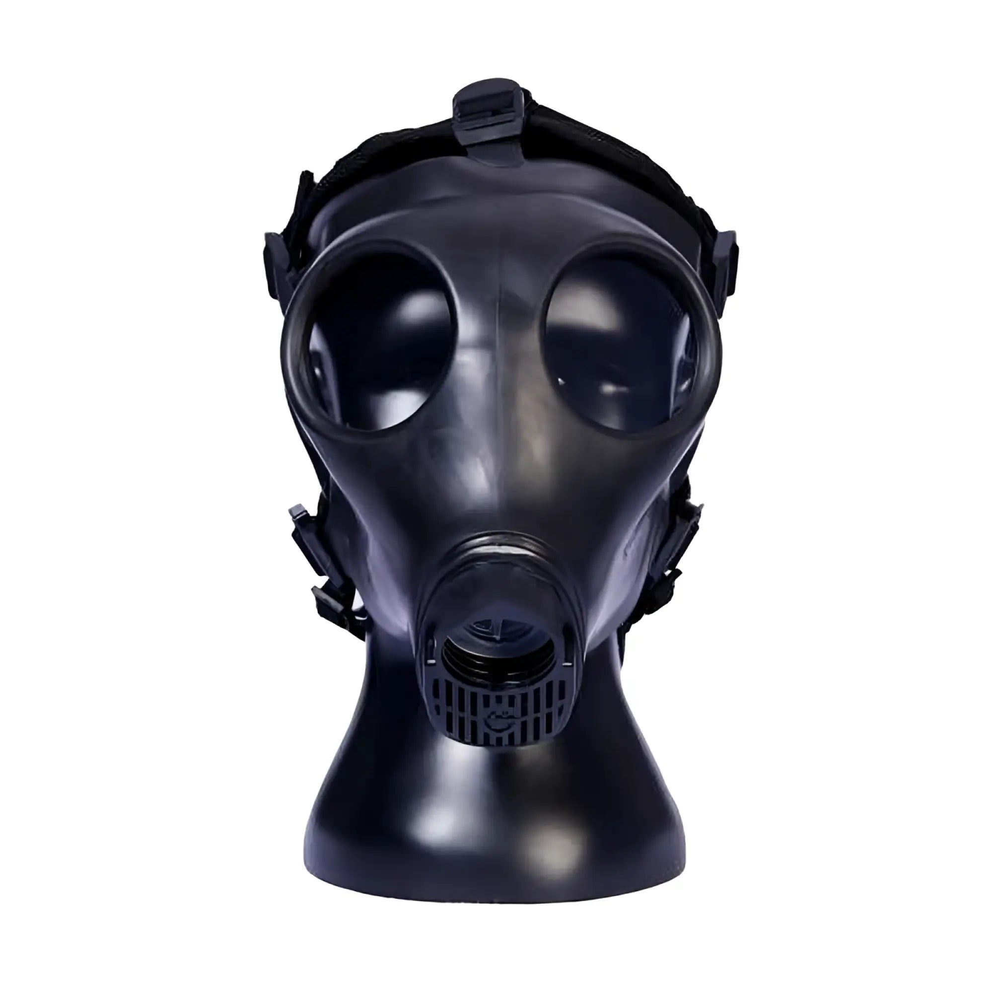 Black rubber sport fucker gas mask with adjustable straps large circular eye openings and central filter housing