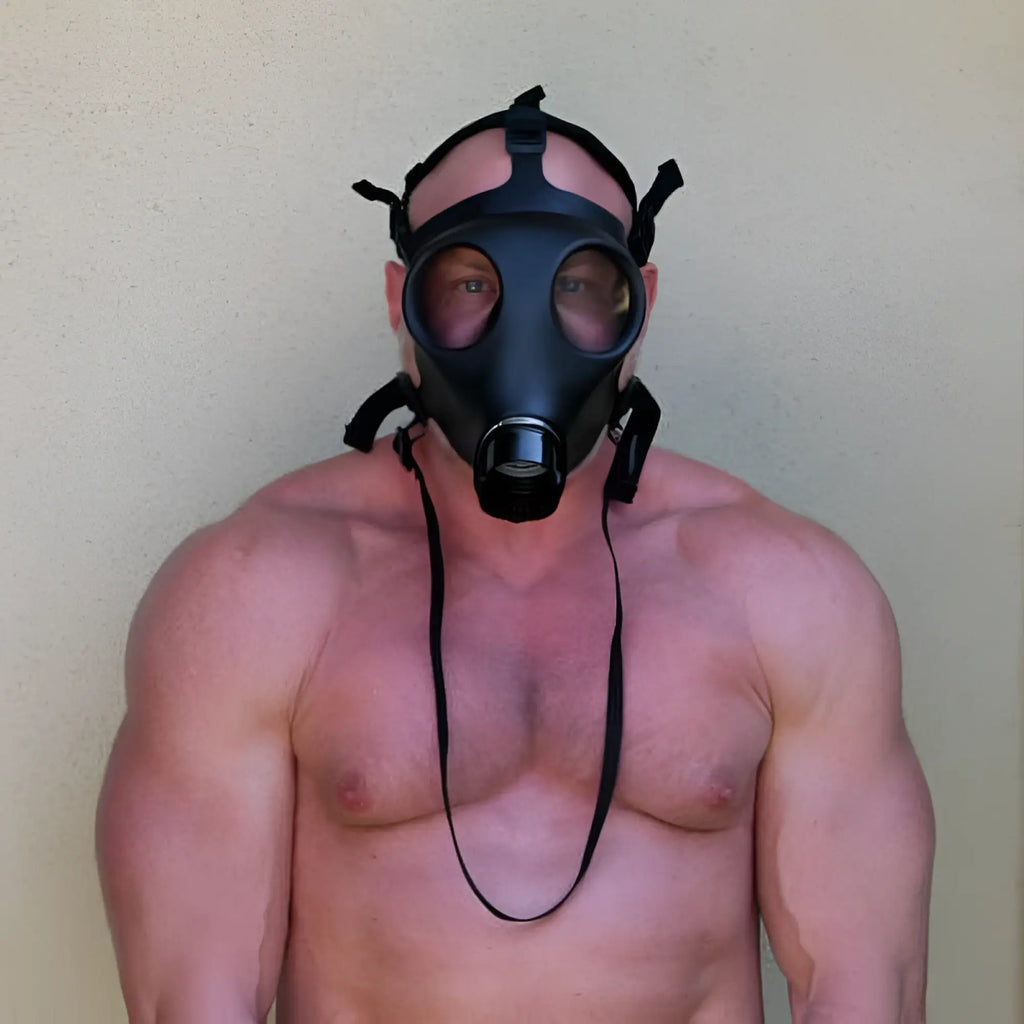 Black rubber sport fucker gas mask with adjustable straps and central filter port for protective use
